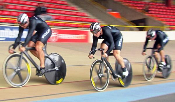 From left, Ethan Mitchell (completing his lap), Matt Archibald and Sam Webster in the team sprint final in Germany.